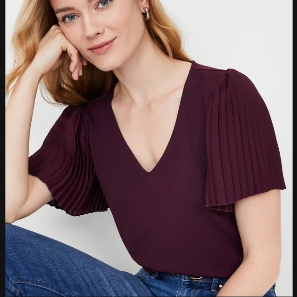 Ann Taylor Crepe Mixed Media Pleated Sleeve Top Plum Rose